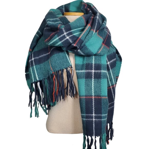 Abercrombie & Fitch Accessories - Abercrombie and Fitch Navy and Green Plaid Fringe Blanket Scarf